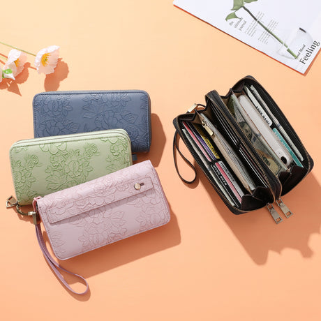 Black Floral Embossed Large Capacity Women's Wallet - Double Zipper PU Leather Clutch with Detachable Wrist Strap