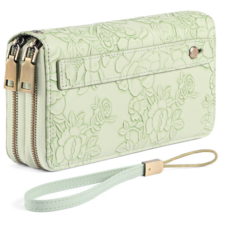 Pink Floral Embossed Large Capacity Women's Wallet - Double Zipper PU Leather Clutch with Detachable Wrist Strap
