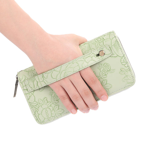 Pink Floral Embossed Large Capacity Women's Wallet - Double Zipper PU Leather Clutch with Detachable Wrist Strap