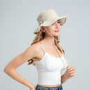 Beige Packable Cotton Bucket Hat - Folds into Wearable Pouch | Frayed Edge Sun Hat with Chin Strap