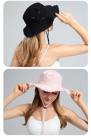 Coffee Packable Cotton Bucket Hat - Folds into Wearable Pouch | Frayed Edge Sun Hat with Chin Strap
