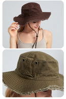 Black Packable Cotton Bucket Hat - Folds into Wearable Pouch | Frayed Edge Sun Hat with Chin Strap