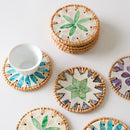 4 Pcs Beige Background With Green flower Handcrafted Rattan Coaster with Natural Shell Inlay - Decorative & Heat Insulating Drink Mat