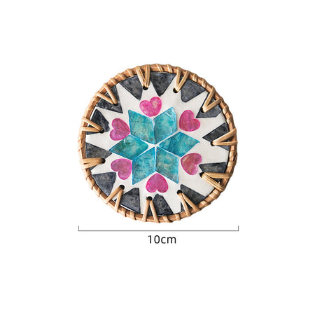 4 Pcs Beige Background With Blue and Pink flower Handcrafted Rattan Coaster with Natural Shell Inlay - Decorative & Heat Insulating Drink Mat
