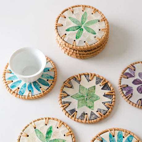 4 Pcs Khaki Background With Blue flower Handcrafted Rattan Coaster with Natural Shell Inlay - Decorative & Heat Insulating Drink Mat