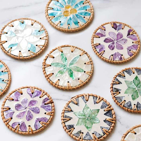 4 Pcs Khaki Background With Blue flower Handcrafted Rattan Coaster with Natural Shell Inlay - Decorative & Heat Insulating Drink Mat