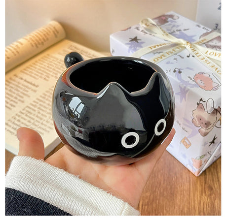 White And Brown Adorable Ceramic Cat Mug - Cute Creative Coffee Cup with Tail Handle (210ml)