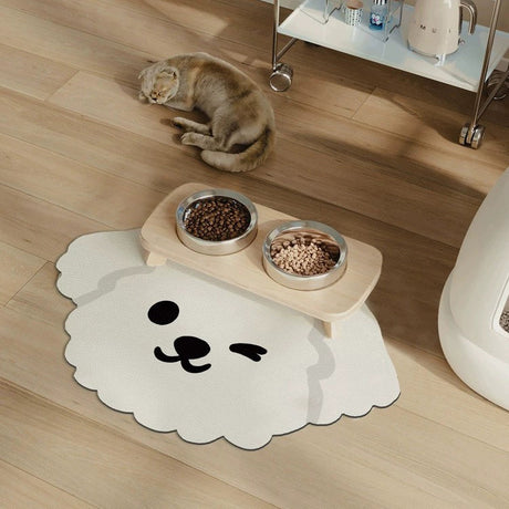 2 Pcs Style 8 White and Blue Puppy pattern Cartoon Pet Feeding Mat for Cats & Dogs - Absorbent Diatom Mud Splash-Proof Mat, Easy to Clean