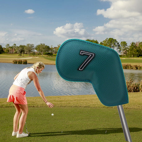 Dark Green Golf Iron Head Covers Set of 10 - Waterproof PU Leather Club Protectors with Embroidered Numbers (3-9, P, A, S)