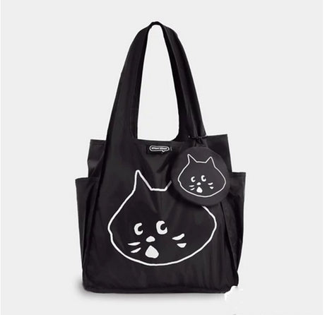 Black Foldable Waterproof Shopping Tote Bag Set - Large Capacity Lightweight Reusable Grocery Bag with Matching Pouch
