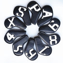 White Words On Black Background PU Leather Golf Iron Headcovers Set (10pcs) - Numbered Protective Club Covers (4-9, P, A, S, L) Universal Fit