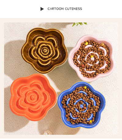 Khaki and Orange Ceramic Slow Feeder Pet Bowl for Cats and Small Dogs - Anti-Choke Elevated Design with 15-Degree Tilted Rim