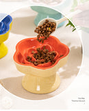 Khaki and Orange Ceramic Slow Feeder Pet Bowl for Cats and Small Dogs - Anti-Choke Elevated Design with 15-Degree Tilted Rim