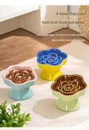 Khaki and Orange Ceramic Slow Feeder Pet Bowl for Cats and Small Dogs - Anti-Choke Elevated Design with 15-Degree Tilted Rim