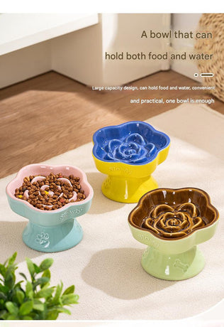 Khaki and Orange Ceramic Slow Feeder Pet Bowl for Cats and Small Dogs - Anti-Choke Elevated Design with 15-Degree Tilted Rim