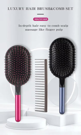 Blue Air Cushion Massage Paddle Brush & Wide Tooth Comb Set - Gentle Detangling for All Hair Types