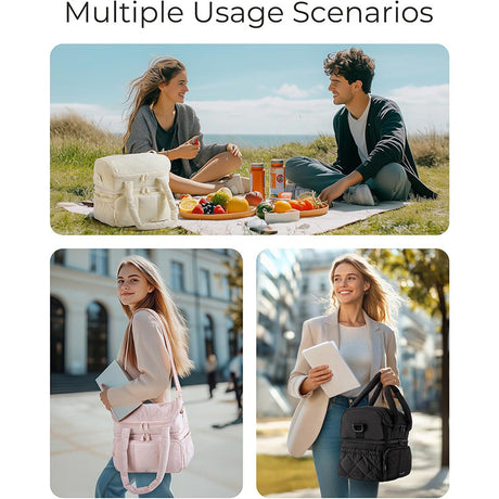 Black Chic Double Deck Insulated Lunch Bag - Leakproof Cooler Tote for Women
