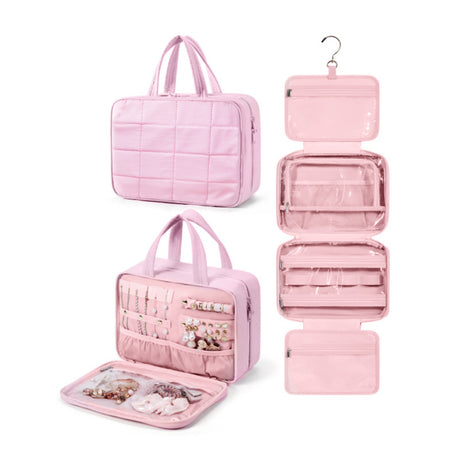 Size M Black Quilted Hanging Toiletry Bag with Jewelry Organizer - Travel Cosmetic Case(28*12*20)