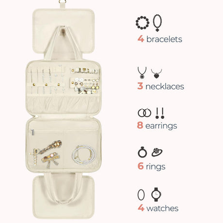 Size L Beige Quilted Hanging Toiletry Bag with Jewelry Organizer - Travel Cosmetic Case(31*12*23)