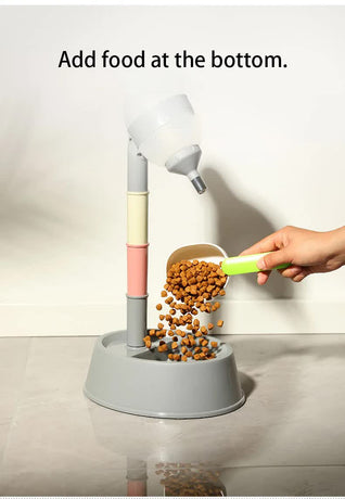 Grey Base Adjustable Height Pet Water Dispenser with Food Bowl Base - Non-Drip Bottle Feeder Station for Dogs & Cats
