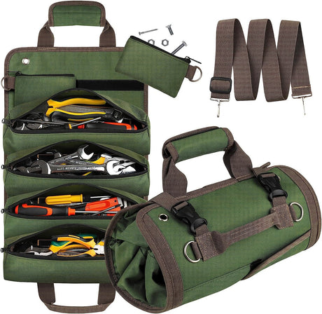 Black Heavy Duty Roll-Up Tool Bag Organizer - Waterproof Oxford Fabric Pouch with Multiple Pockets