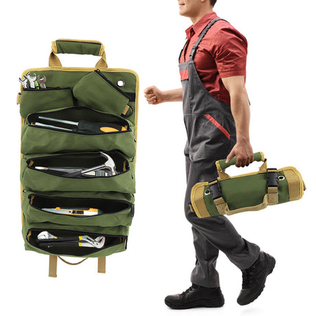 Grey Heavy Duty Roll-Up Tool Bag Organizer - Waterproof Oxford Fabric Pouch with Multiple Pockets