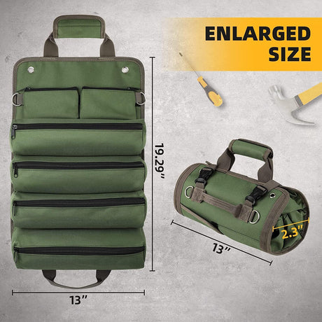 Grey Heavy Duty Roll-Up Tool Bag Organizer - Waterproof Oxford Fabric Pouch with Multiple Pockets