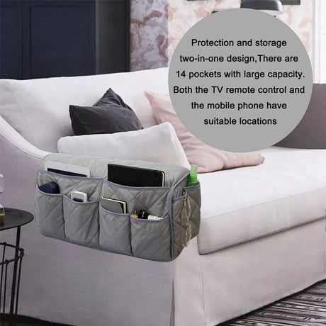 2 Pcs Blue Quilted Sofa Armrest Organizer Caddy - Multi-Pocket Remote Control Holder Bag