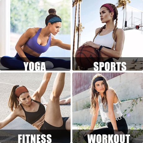 Dark Red 5-Pack Wide Sports Headbands for Women - Non-Slip Yoga Headwraps with Sweat-Wicking Fabric (88% Nylon+12% Spandex)