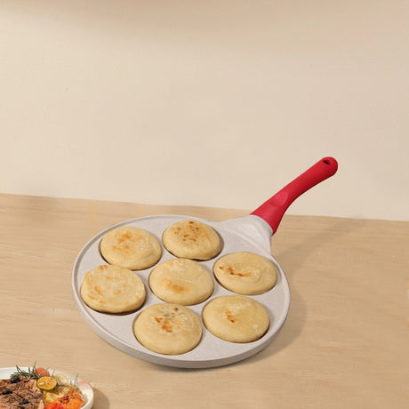 Beige Flat 7-hole + Black Handle (Gas Model) Non-Stick Pancake Pan - 7-Hole Fun Shapes Breakfast Griddle (27cm)