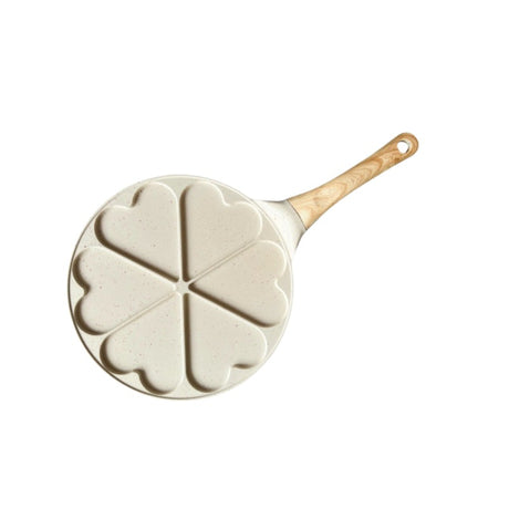 Beige Heart + Wood Grain Handle (Gas Model) Non-Stick Pancake Pan - 7-Hole Fun Shapes Breakfast Griddle (27cm)