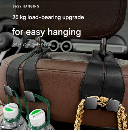 Grey Heavy Duty Car Headrest Hooks (Set of 4 Units) - PU Leather Seat Back Organizer Hangers