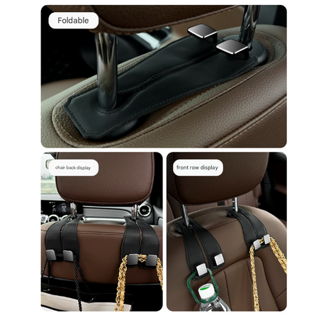 Grey Heavy Duty Car Headrest Hooks (Set of 4 Units) - PU Leather Seat Back Organizer Hangers