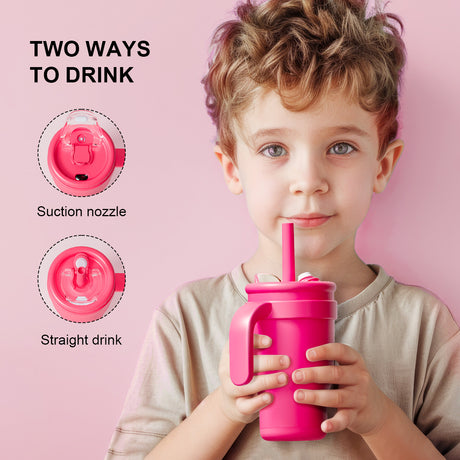 Rose-red 14oz Insulated Tumbler with Handle & Straw - 304 Stainless Steel Car Cup (Contrast Color)