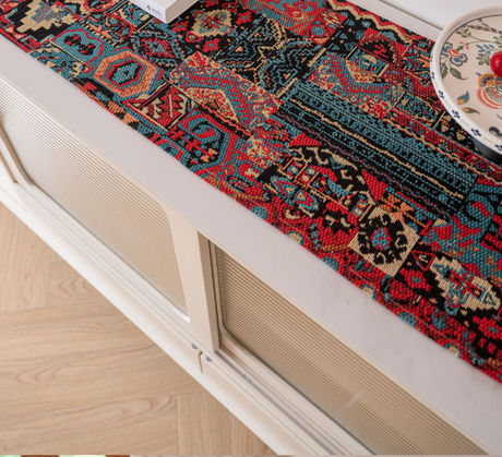 Jacquard Black With Plum Blossom 33-180cm Elegant Geometric Jacquard Table Runner with Tassels - Modern Dining & Coffee Table Decor