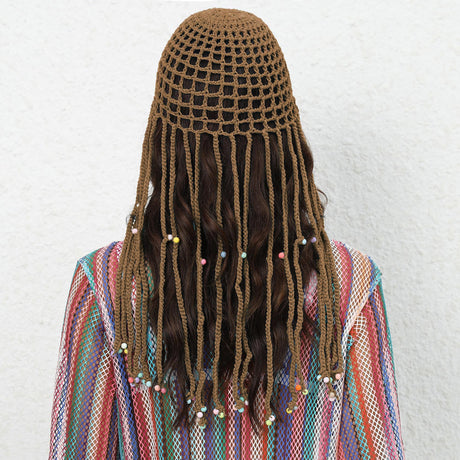 Beige Boho Hand-Crocheted Tassel Sun Hat - Lightweight Breathable Beach Cap (Fits 55-60cm)