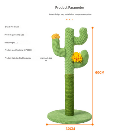 Cactus-Shaped Cat Scratching Post with Sisal Rope and Plush Chenille - Green