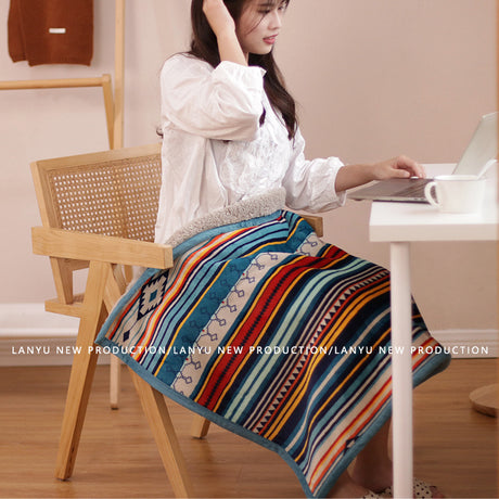 Double-Sided Geometric & Plush Throw Blanket - Warm 70x100cm Multi-Use Wrap(Color stripes/Back side light brown)