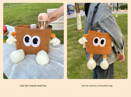 Black Cute Cartoon Car Trash Bin with Adjustable Strap - Water-Repellent Corduroy (19x24cm)