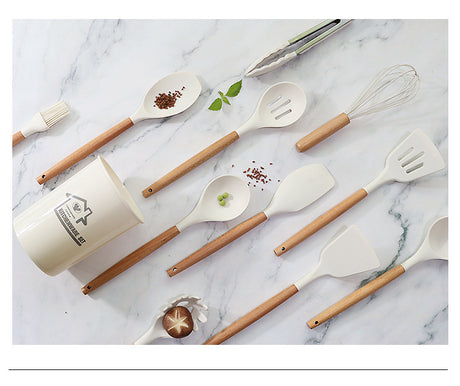 White 11-Piece Silicone Kitchen Utensil Set with Wooden Handles and Storage Bucket - Heat Resistant and Non-Stick