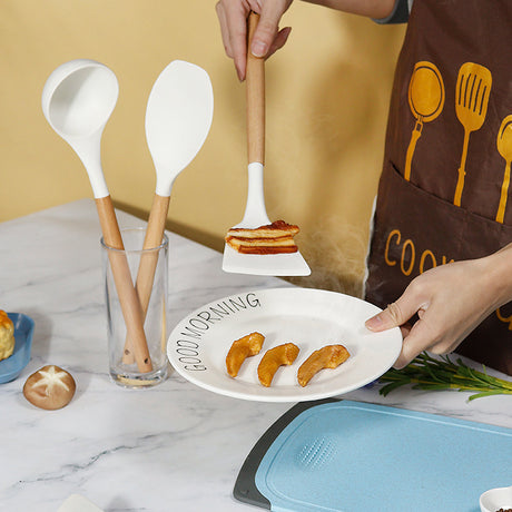 Red 11-Piece Silicone Kitchen Utensil Set with Wooden Handles and Storage Bucket - Heat Resistant and Non-Stick