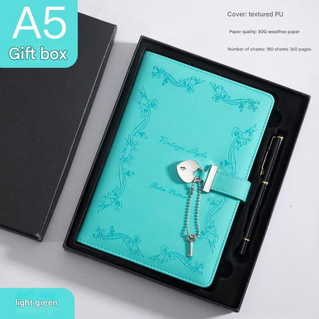 Heart Lock Diary with Key - Vintage Style Journal, Green PU Leather, Secure and Elegant
