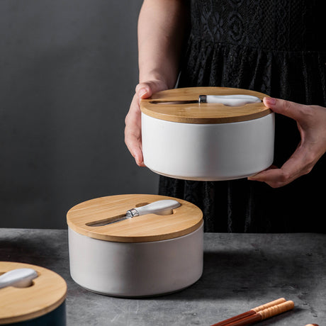 Yellow Nordic Ceramic Butter Dish with Knife - Airtight Cheese Container with Bamboo Lid, Kitchen Storage