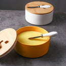 Green Nordic Ceramic Butter Dish with Knife - Airtight Cheese Container with Bamboo Lid, Kitchen Storage