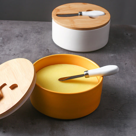 Gray Nordic Ceramic Butter Dish with Knife - Airtight Cheese Container with Bamboo Lid, Kitchen Storage