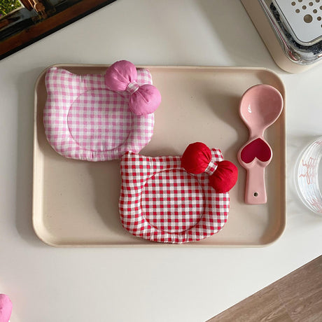 Korean INS Kitty Quilt Insulation Pad, Cute Fabric Kitchen Mat, Desktop Decoration (White and Pink)