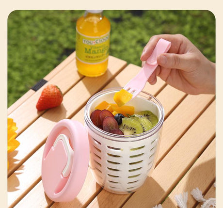 Pink Double Layer Salad Cup with Fork - Leak-proof Fruit Container, Drain Design, Portable Oatmeal and Picnic Jar