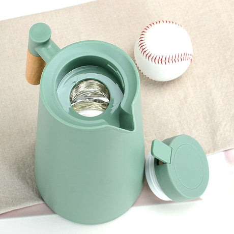 1000ml Black thermos bottle with wooden handle, double-layer glass liner coffee pot, suitable for hot and cold drinks