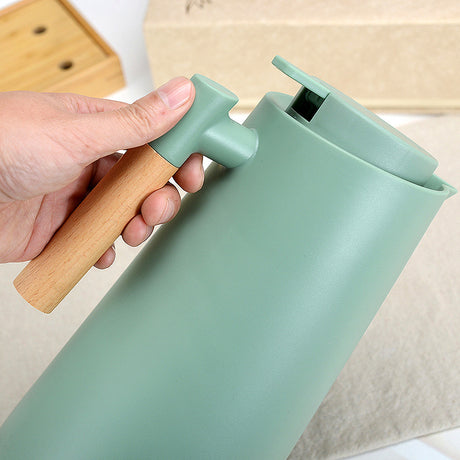 1000ml Bamboo Green thermos bottle with wooden handle, double-layer glass liner coffee pot, suitable for hot and cold drinks