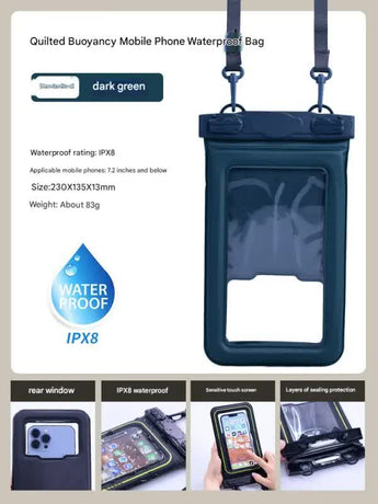 IPX8 Waterproof Phone Pouch with Inflatable Floating Layer,Touchscreen Dry Bag for Swimming(dark green)